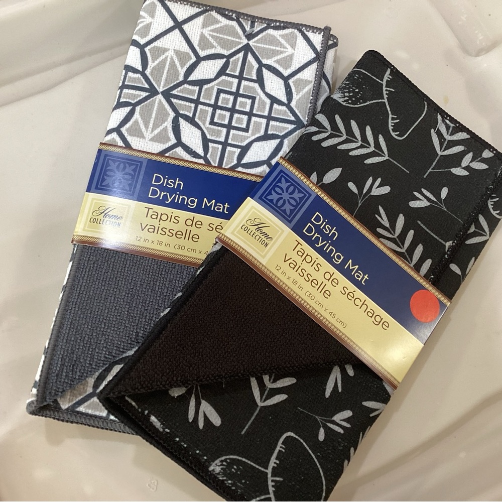 New set of 2 dish drying mats 12” by 18” gray and black designs